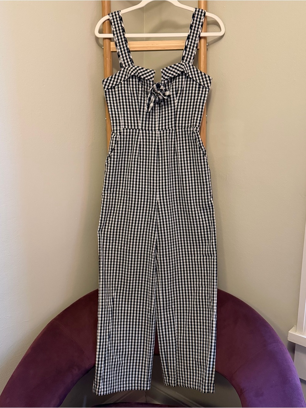 Tanya Taylor Black and White Gingham Tie-Front Jumpsuit